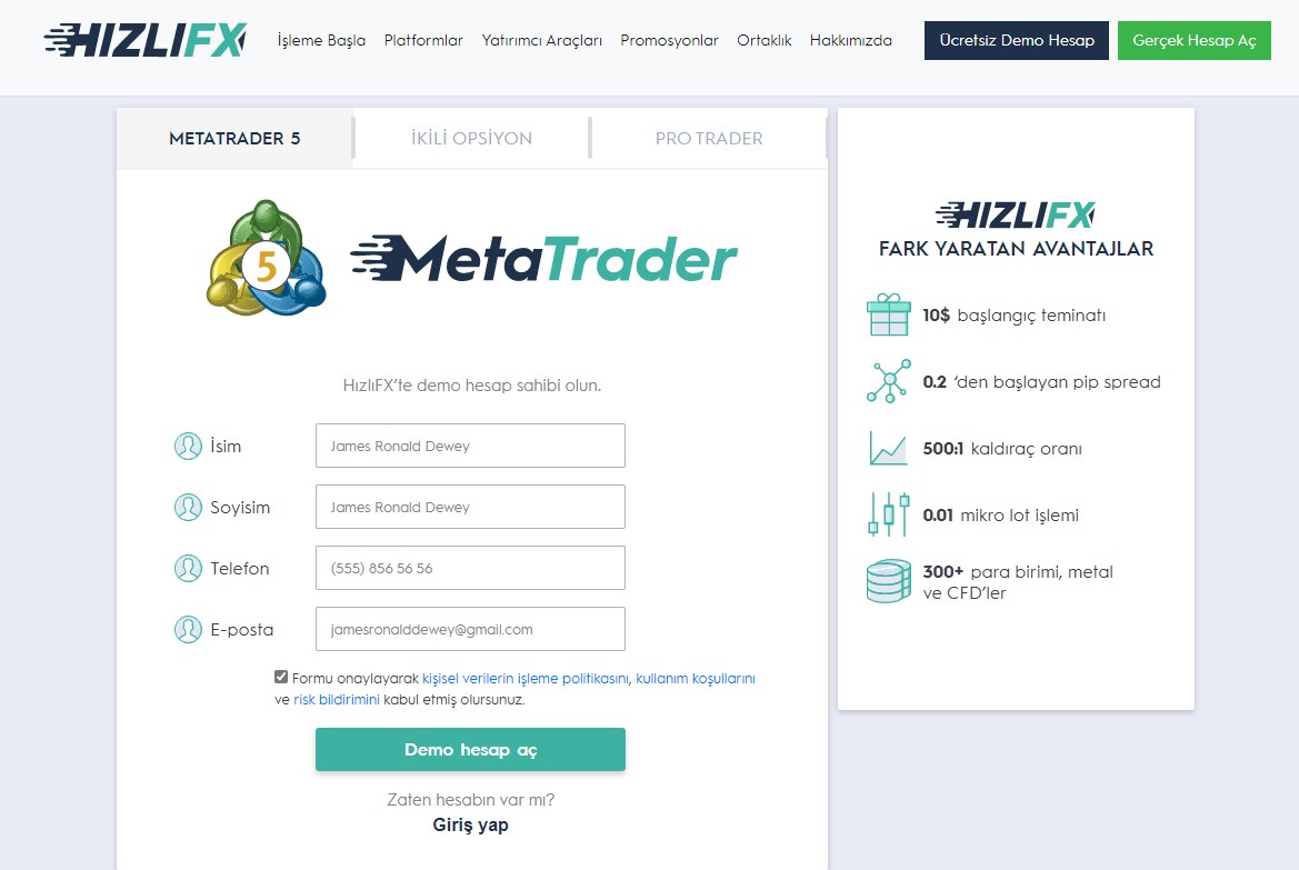 HızlıFx demo hesap